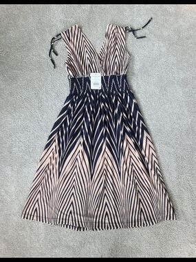 NWT Surplice Sundress Navy Pink Chevron Stripe Smocked Waist Midi Dress S/M